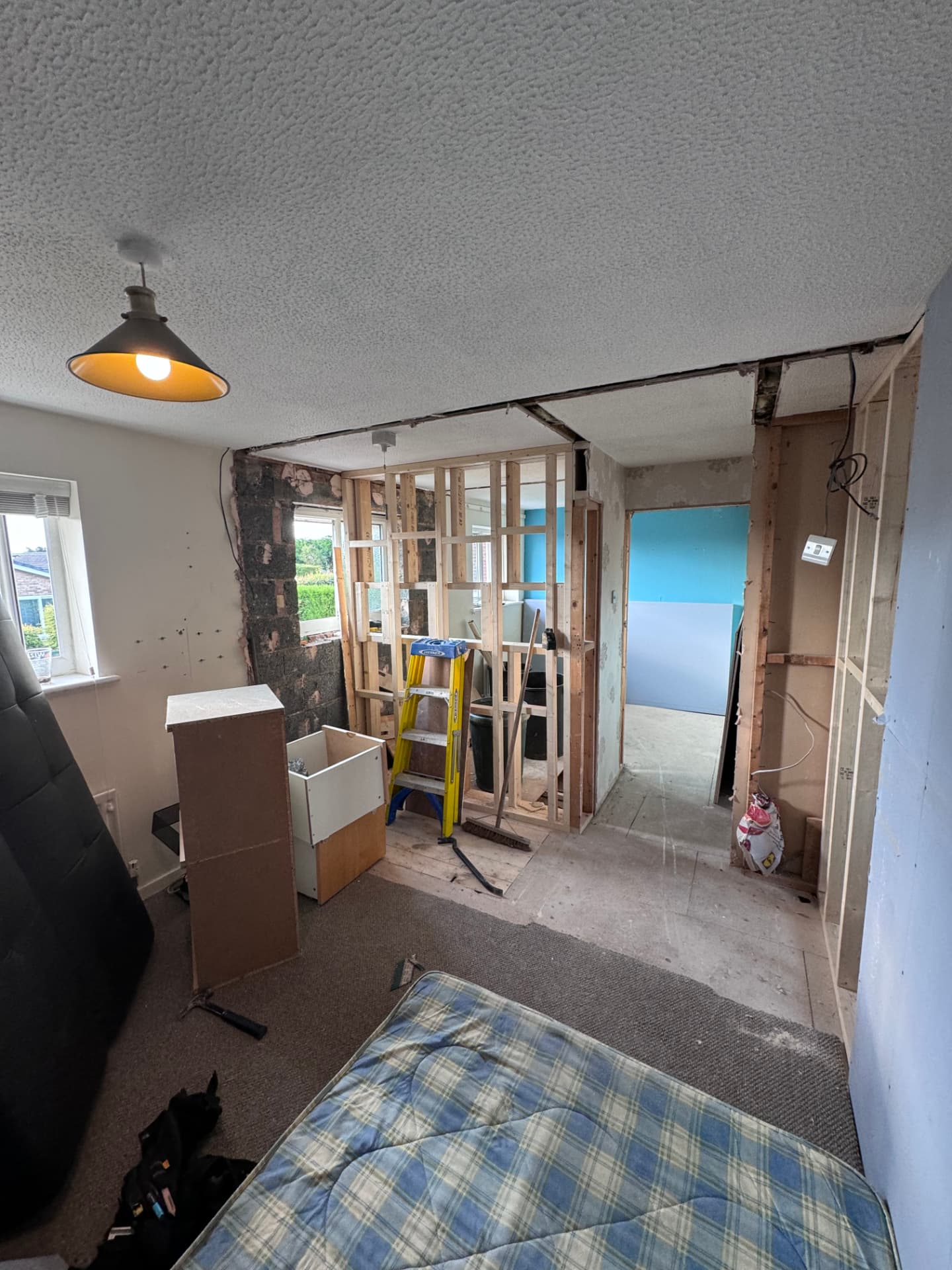 Bedrooms stripped out with new partition studwork in place