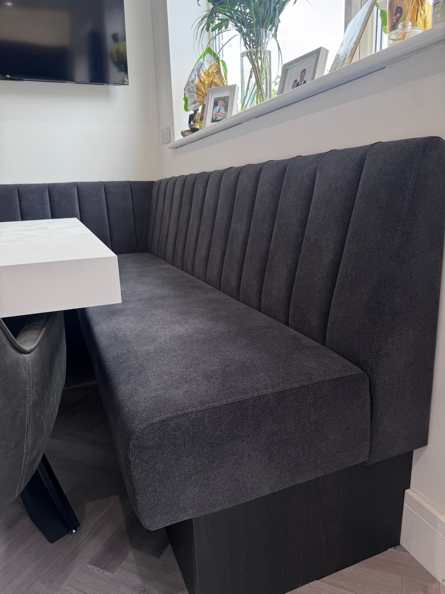 Bespoke upholstered corner bench seating close up